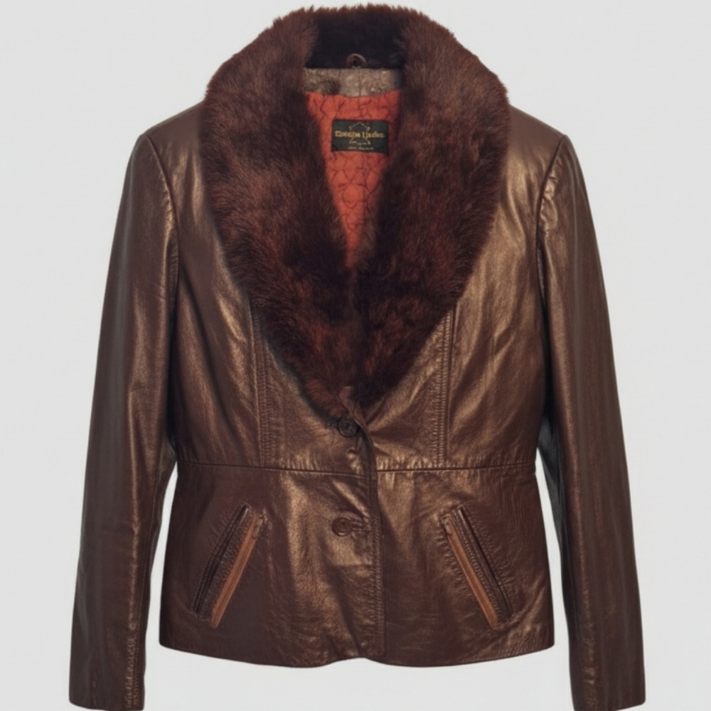 [[Unbranded]] Vintage Brown Leather Jacket with Real Fox Fur Collar